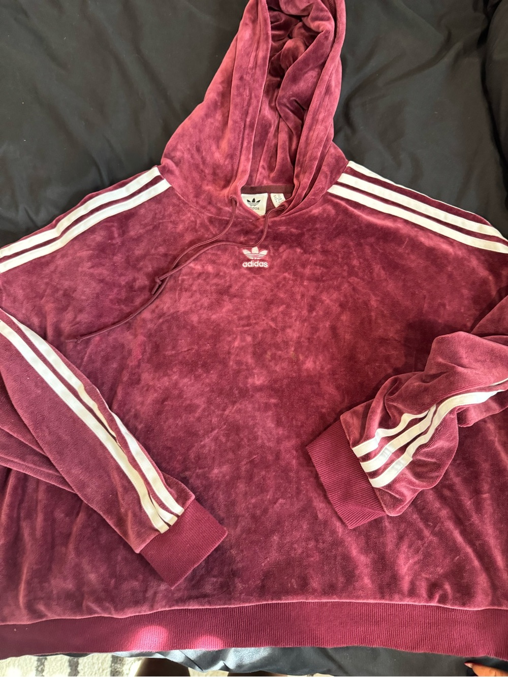 adidas Men's Burgundy Velour Zip-Up Hoodie with White Stripes